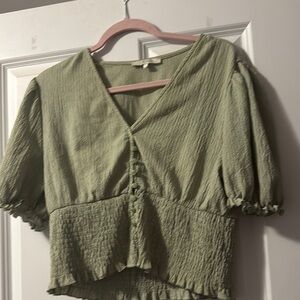 Green V-Neck Button-Up Women's Top